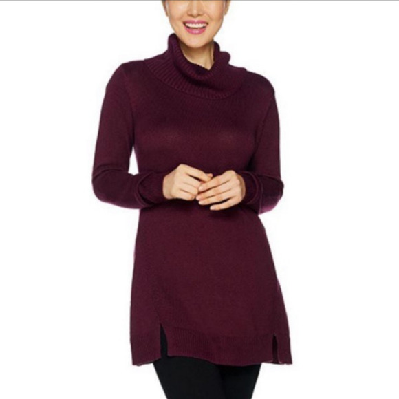 H by Halston Burgundy Red Turtleneck Knit Tunic Sweater Ribbed Detail Size XS - Picture 1 of 9